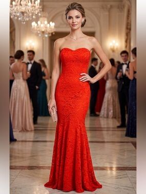 Vtg Cache Fire Red Rose Lace Strapless Mermaid Gown 2 Y2K USA Formal Prom Dress